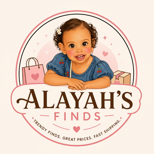 Logo for 'Alayah's Finds' featuring a young girl with a denim shirt and cherry decorations.